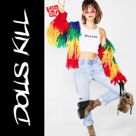 🆕 Dolls Kill 🌈 Rainbow Shaggy Fur Cardigan - Picture 5 of 7